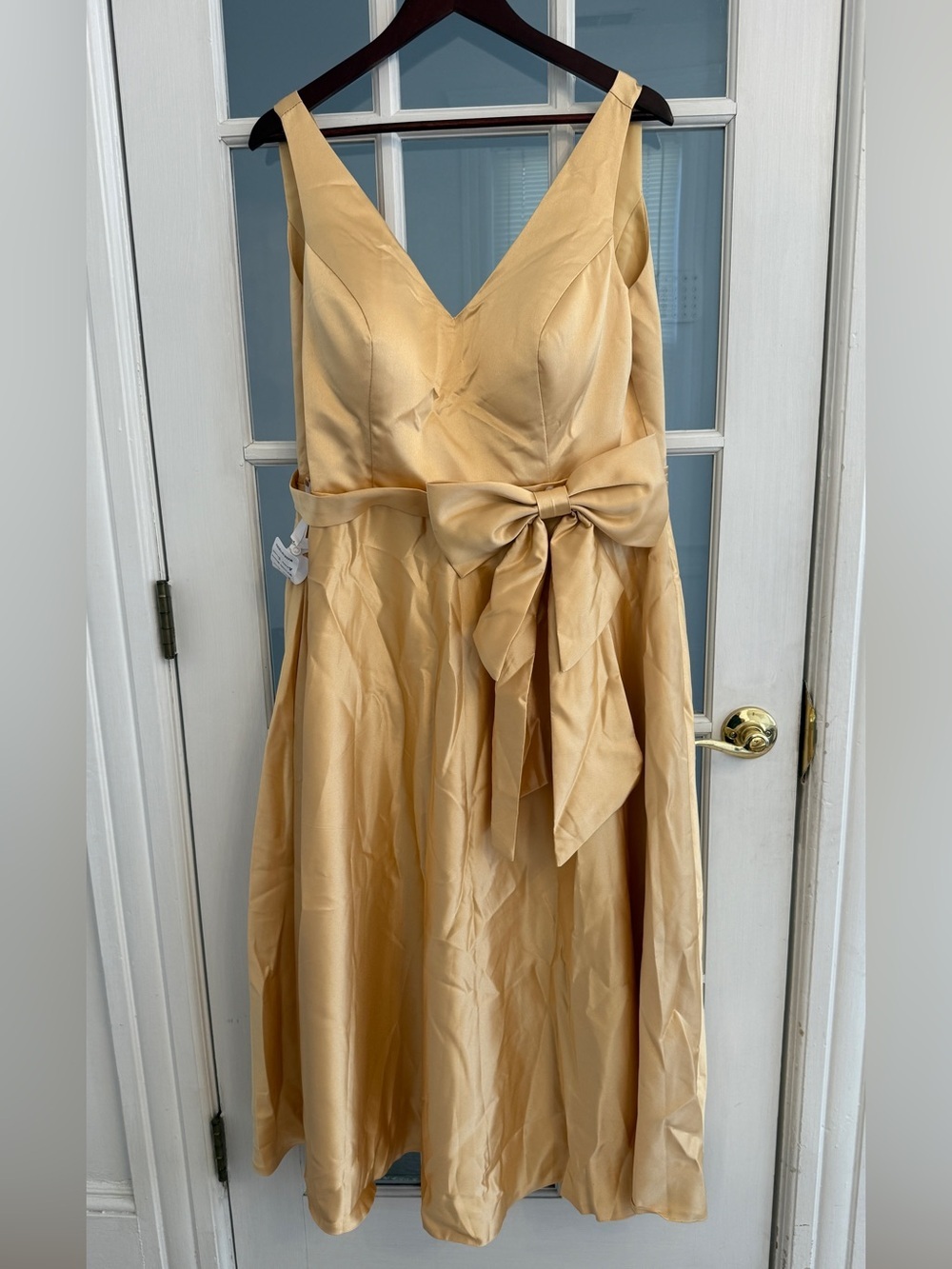 MISS VEIL Women's Light Gold Satin Sleeveless V-Neck Bow Waist Midi Formal Dress